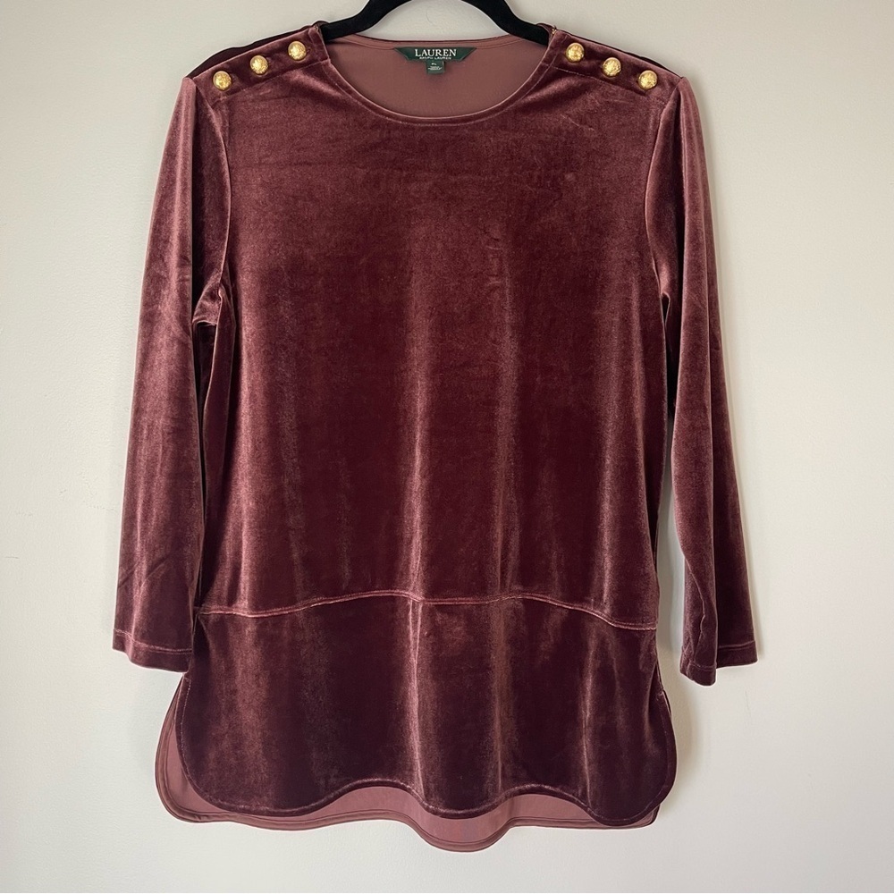 LAUREN Ralph Lauren Petite Large Velvet Tunic Blouse Brown 3/4 Sleeve Top